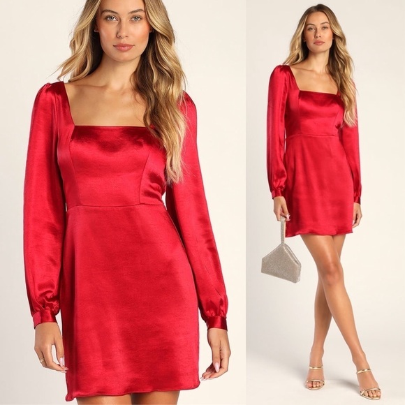 Lulus Got The Love Red Satin Square-Neck Mini Dress Size XL - Picture 1 of 11
